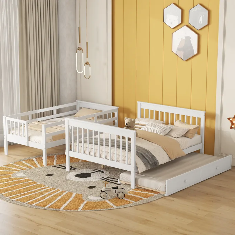 Twin Over Full Bunk Bed With Twin Size Trundle, Storage And Guard Rail For Bedroom, Dorm, For Adults