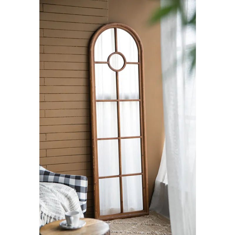 Half Round Elongated Mirror With Decorative Window Look Classic Architecture Style Solid Fir Wood In