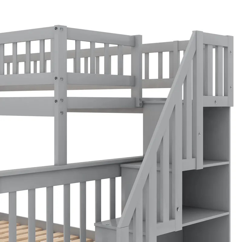 Twin Over Full Bunk Bed With Trundle And Staircase - Gray