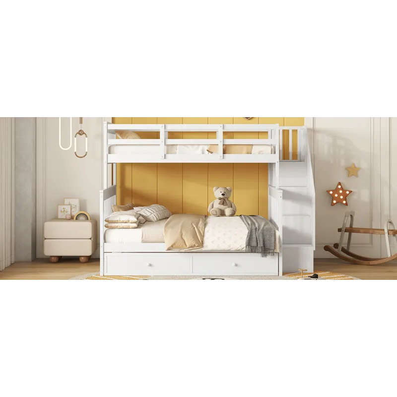 Twin Over Full Bunk Bed With Twin Size Trundle, Storage And Guard Rail For Bedroom, Dorm, For Adults