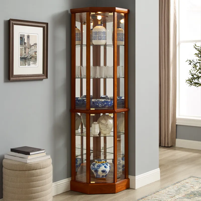 6 Shelf Lighted Corner Curio Cabinet With Adjustable Tempered Glass Shelves And Mirror Back (E26 Lig