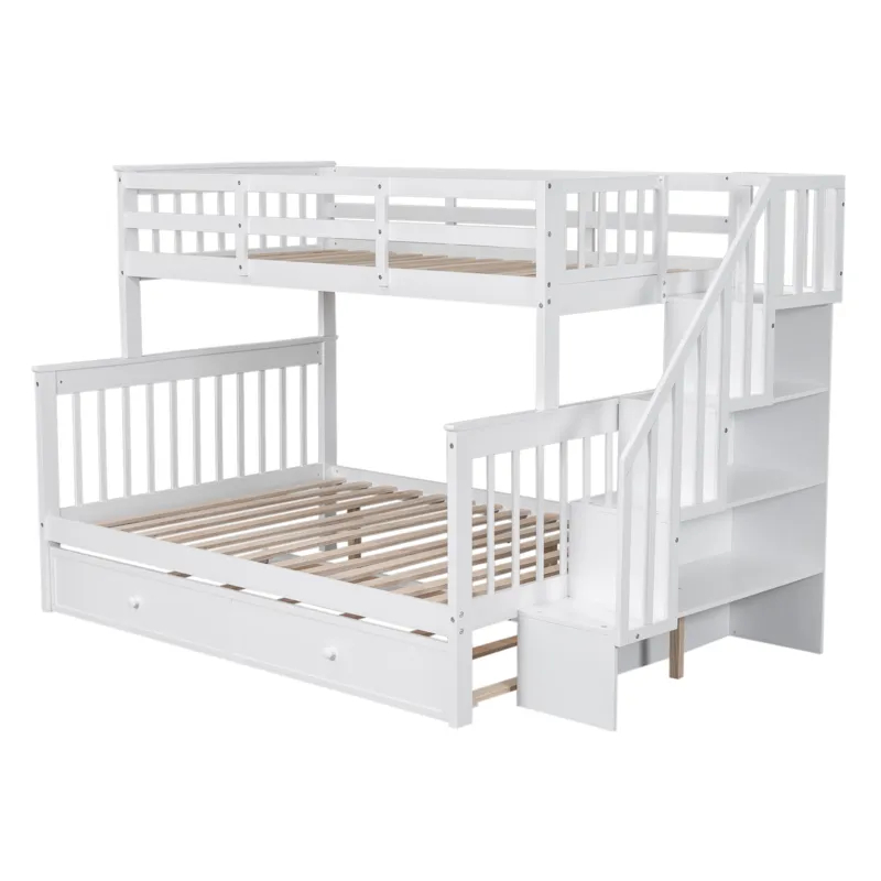 Twin Over Full Bunk Bed With Twin Size Trundle, Storage And Guard Rail For Bedroom, Dorm, For Adults
