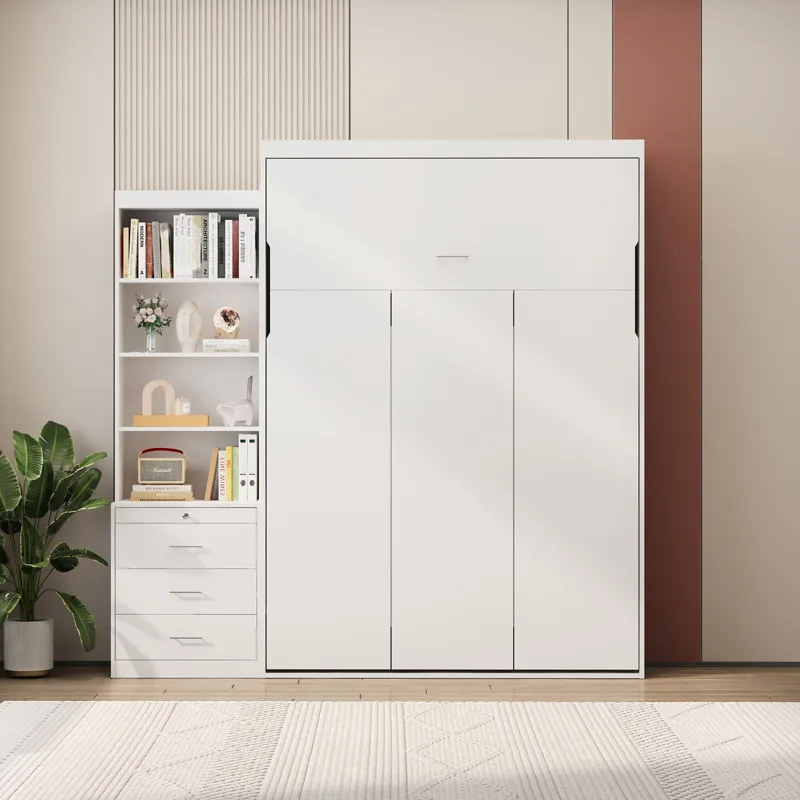 Morden Deisgn Full Size Vertical Murphy Bed With Shelf And Drawers For Bedroom Or Guestroom Wall Bed
