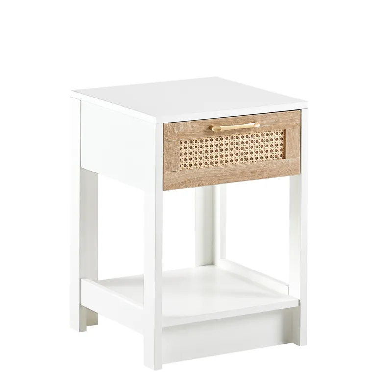 15.75\" Rattan End Table With Drawer, Modern Nightstand, Side Table For Living Room, Bedroom - White
