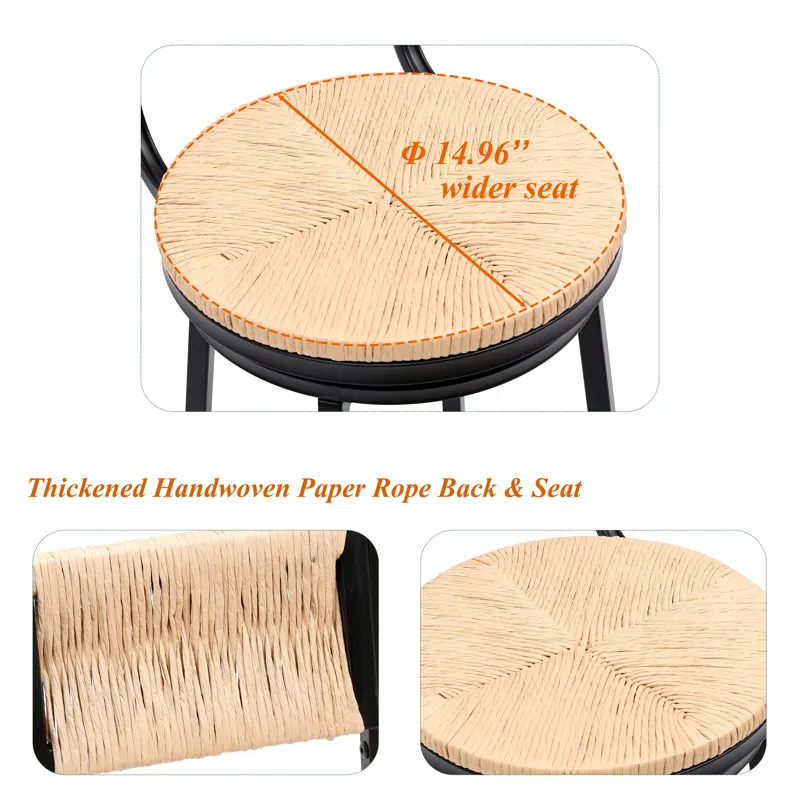 Honey Swivel Bar Stools Paper Rope Handwoven Barstools With Back (Set of 2) Rustic Round Counter Cha
