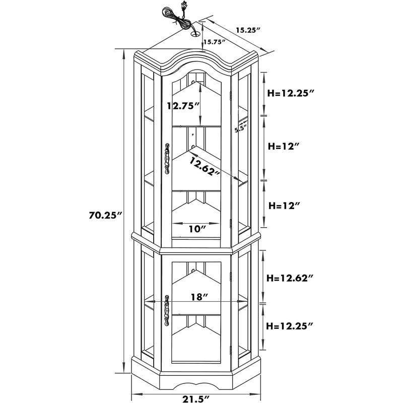 Corner Curio Cabinet With Lights, Adjustable Tempered Glass Shelves, Mirrored Back, Display Cabinet 