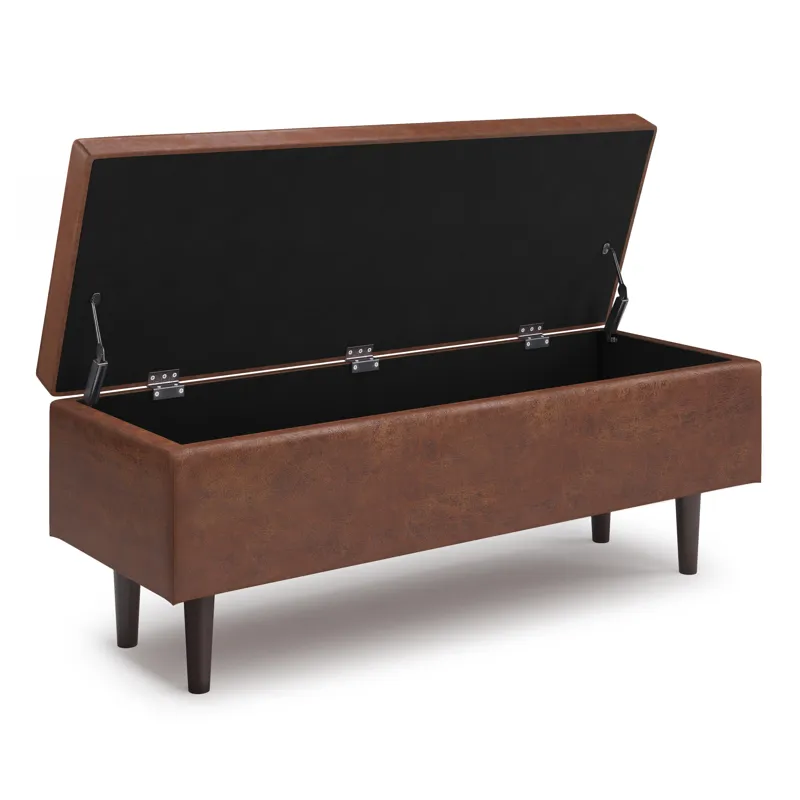 Shay - Mid Century Rectangular Storage Ottoman - Distressed Saddle Brown