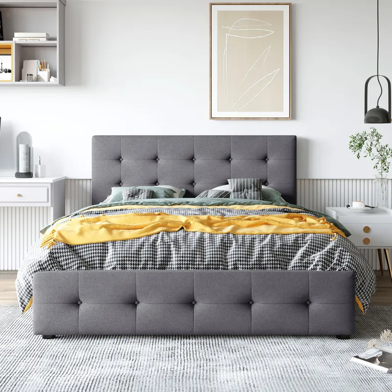 Queen Size Upholstered Platform Bed With Classic Headboard And 4 Drawers, No Box Spring Needed - Dar