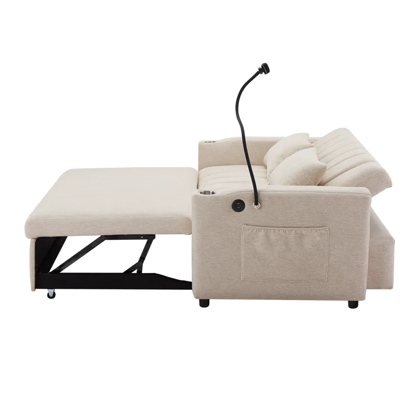 Convertible Sofa Bed Loveseat Sofa With Three USB Ports, Two Side Pockets, Two Cup Holders And 360° 