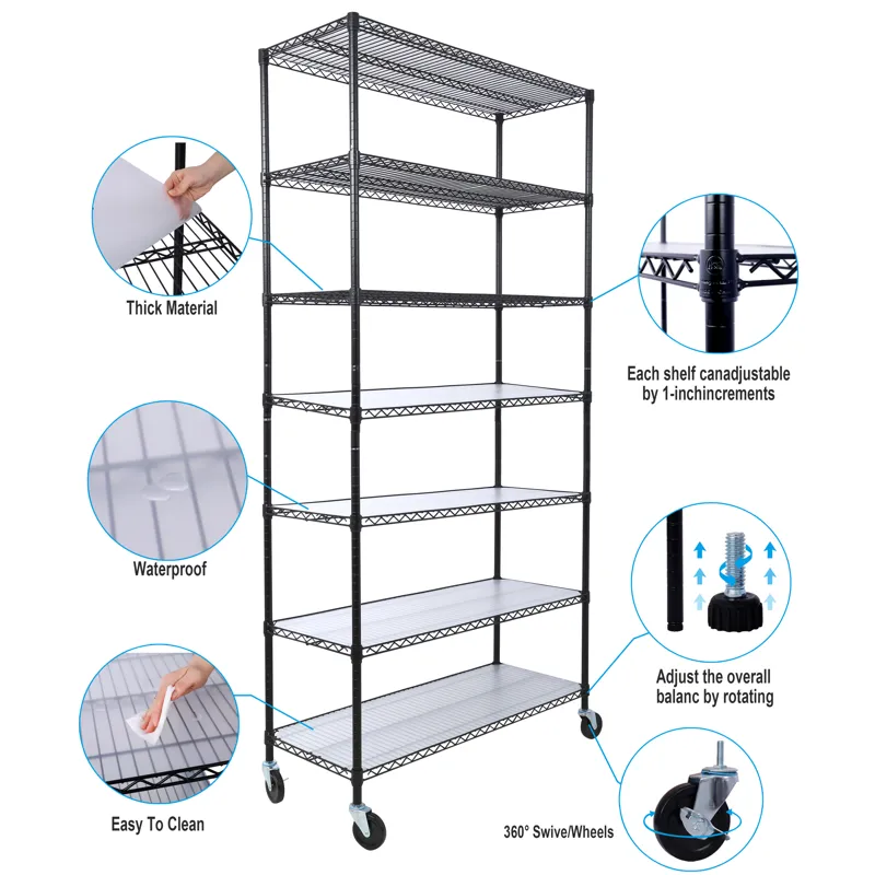 7 Tier Metal Shelf Wire Shelving Unit, 2450Lbs Heavy Duty Adjustable Storage Rack With Wheels & Shel