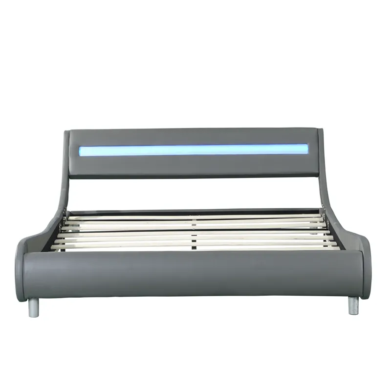 Queen Size Upholstered Platform Bed Frame With LED Lighting, Curve Design, Wood Slat Support, No Box