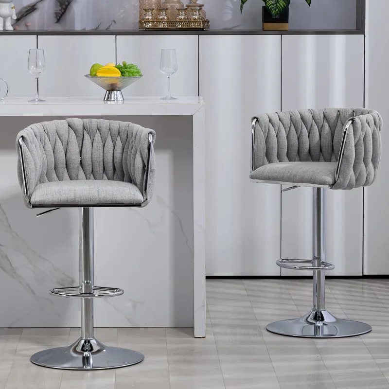 360 Degree Swivel Bar Stools Adjustable Counter Height Bar Chairs With Woven Back & Footrest, Silver