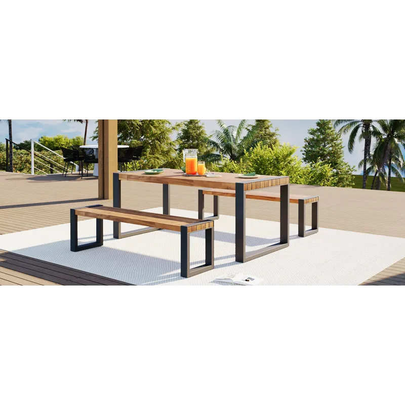 3 Pieces Outdoor Dining Table With 2 Benches, Patio Dining Set With Unique Top Texture, Acacia Wood 