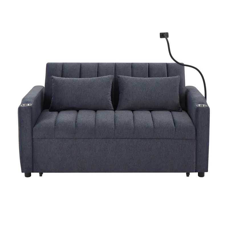 Convertible Sofa Bed Loveseat Sofa With Three USB Ports, Two Side Pockets, Two Cup Holders And 360° 