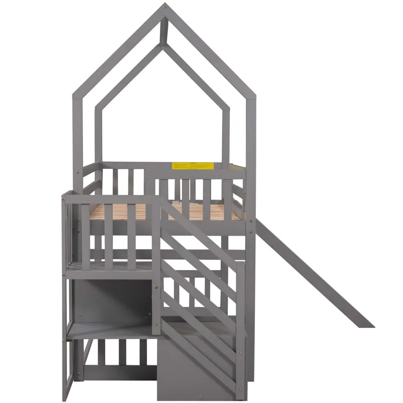 Twin Over Twin House Bunk Bed With Convertible Slide, Storage Staircase Can Be Placed Left Or Right 