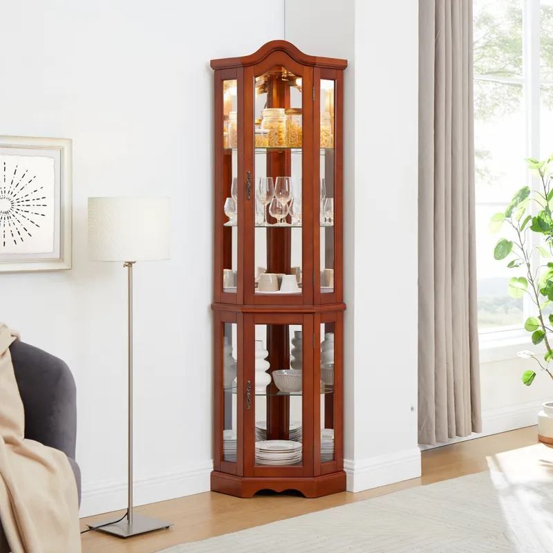 Corner Curio Cabinet With Lights, Adjustable Tempered Glass Shelves, Mirrored Back, Display Cabinet 