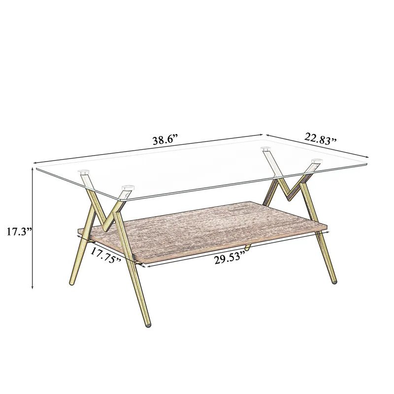Rectangle Coffee Table With Tempered Glass Top And Golden Metal Legs, Modern Table For Living Room, 