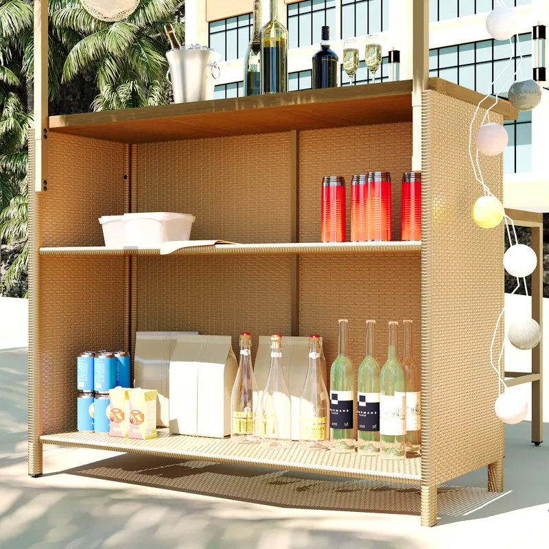 Hawaiian-Style Bar Height Patio Set With PE Grass Canopy, Outdoor Bar Table And Stools With Adjustab