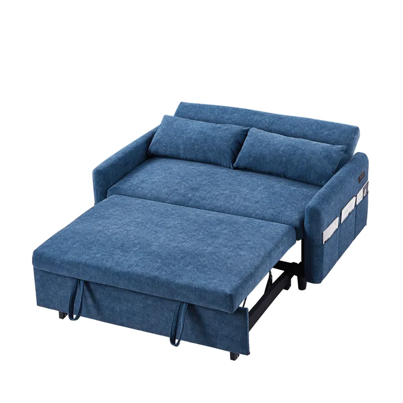 Pull Out Sleep Sofa Bed Loveseats Sofa Couch With Adjsutable Backrest, Storage Pockets, 2 Soft Pillo