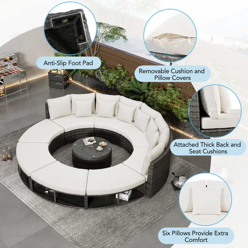 Outdoor Patio Furniture Luxury Circular Sofa Set Rattan Wicker Sectional Sofa Lounge Set With Temper