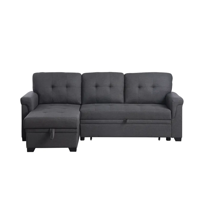Lucca - Linen Reversible Sleeper Sectional Sofa With Storage Chaise - Dark Gray