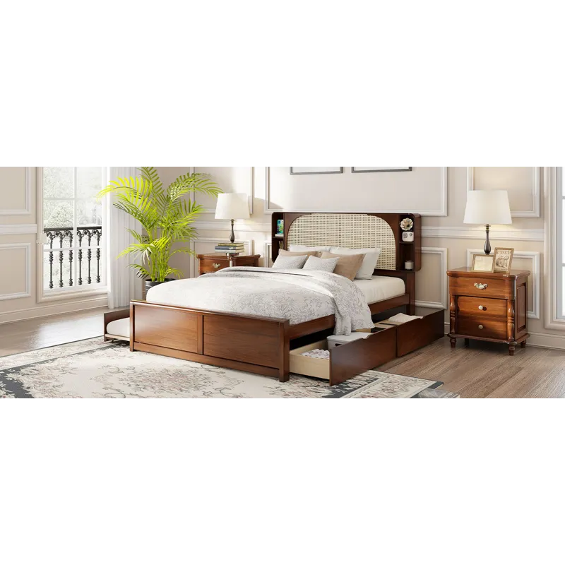 Queen Size Rattan Headboard Bed With Two Drawers And Trundle Walnut