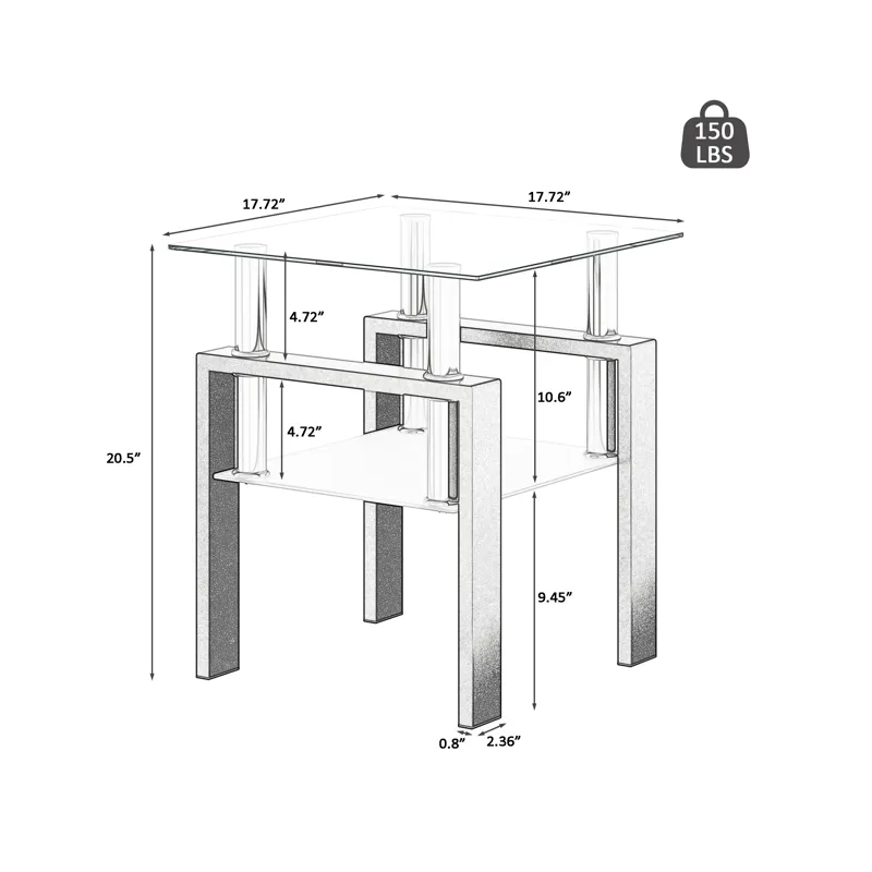 Modern Tempered Glass Tea Table, End Square Table For Living Room - Transparent / Black