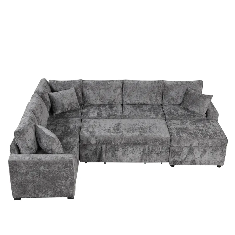 Sectional Sofa Pull-Out Sofa Bed Sleeper With A Storage Ottoman, Three Pillows And Charging Devices 