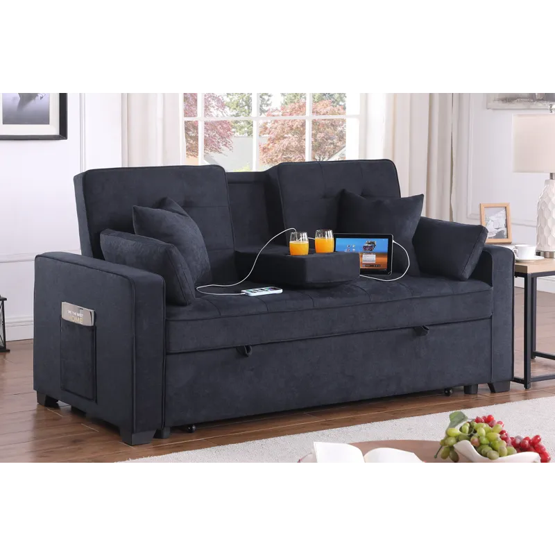Cody II - 69.5\"W Dark Gray Woven Fabric Convertible Sleeper Loveseat With Cup Holder, Charging Port