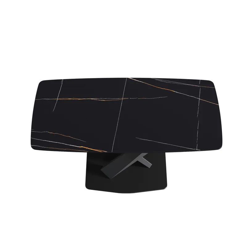 63\" Artificial Stone Black Curved Black Metal Leg Dining Table - Black