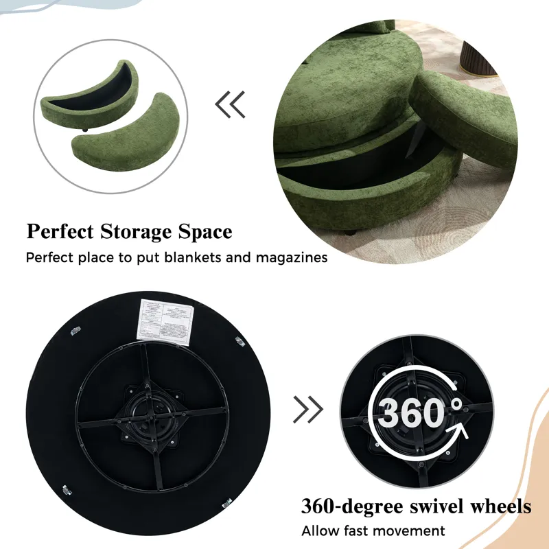 360° Swivel Accent Barrel Chair With Storage Ottoman & 4 Pillows, Modern Chenille Leisure Chair Roun