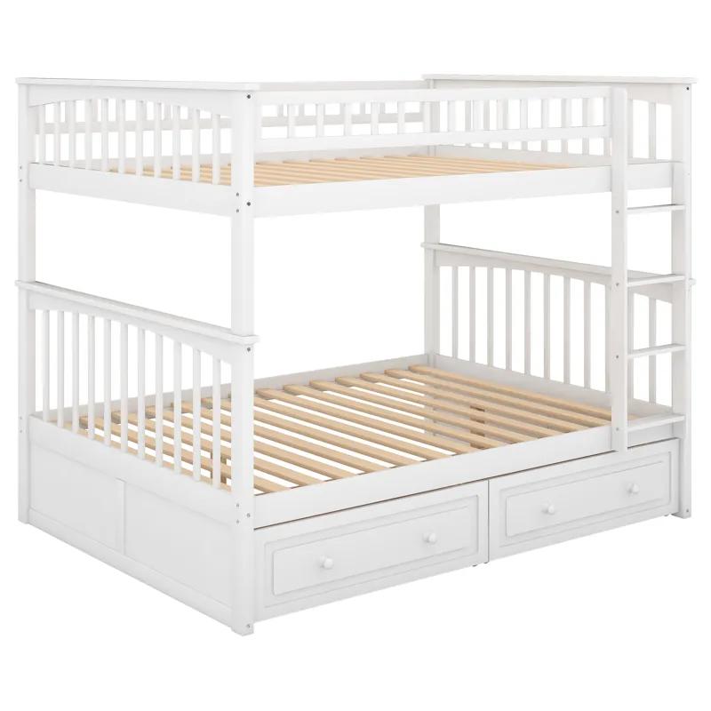 Full Over Full Bunk Bed With Drawers, Convertible Beds - White