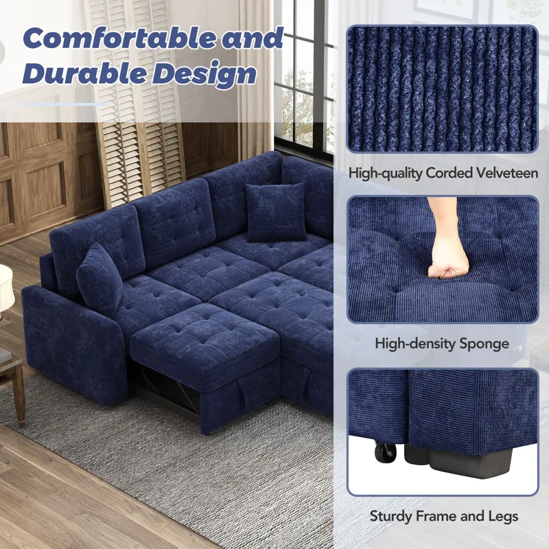 L-Shape Sofa Bed Pull-Out Sleeper Sofa With Wheels, USB Ports, Power Sockets For Living Room - Navy 