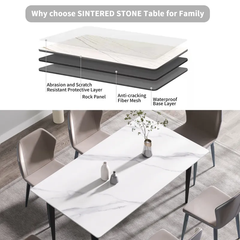 63\" Modern Artificial Stone White Straight Edge Black Metal Leg Dining Table, 6 People - White / Bl