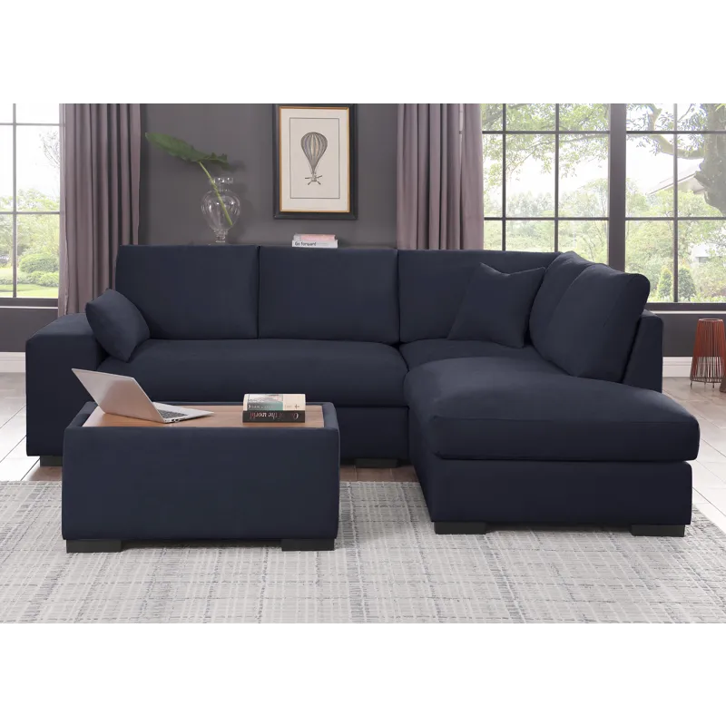Joshua - 100\"W Dark Gray Woven Fabric Sectional Sofa With Right Facing Chaise and Console Ottoman