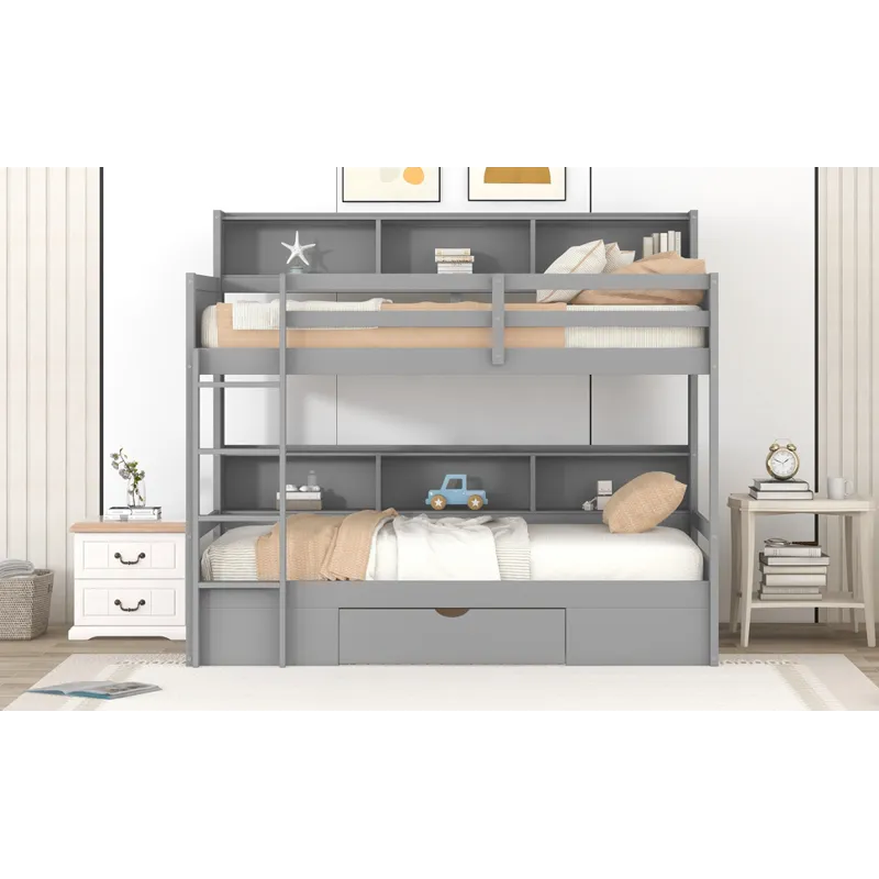 Twin Size Bunk Bed With Built-In Shelves Beside Both Upper And Down Bed And Storage Drawer - Gray