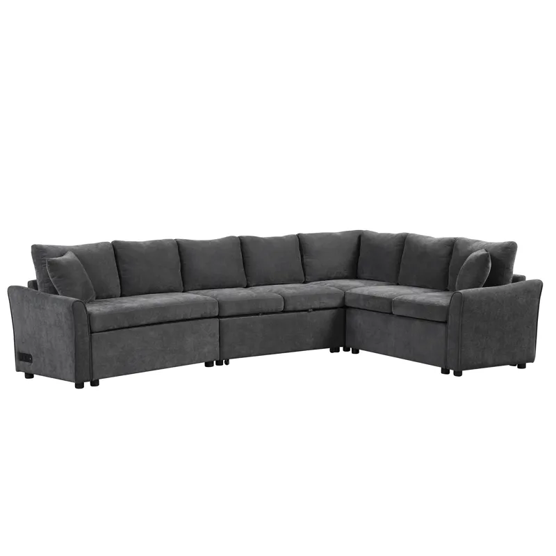 L-Shaped Sofa Convertible Sofa Bed Pull Out Sofa Sleeper With Two Back Pillows, Two USB Ports And Tw