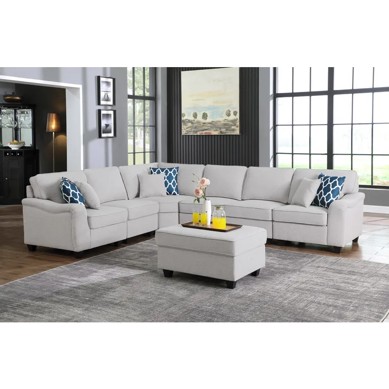 Leo - 7 Piece Modular L-Shape Sectional Sofa And Ottoman - Light Gray Linen