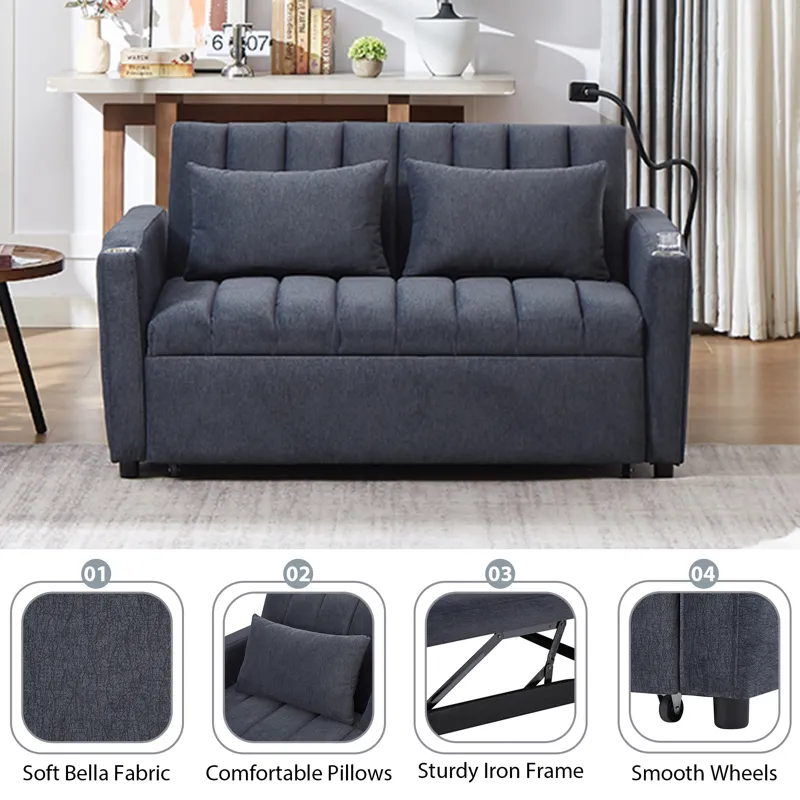 Convertible Sofa Bed Loveseat Sofa With Three USB Ports, Two Side Pockets, Two Cup Holders And 360° 