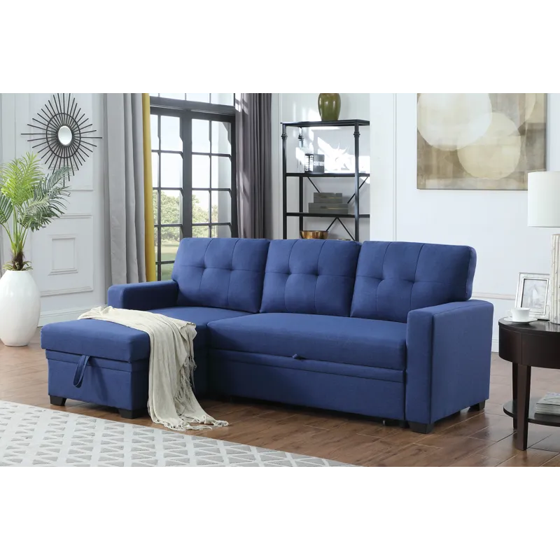 Upholstered Pull Out Sectional Sofa With Chaise - Blue