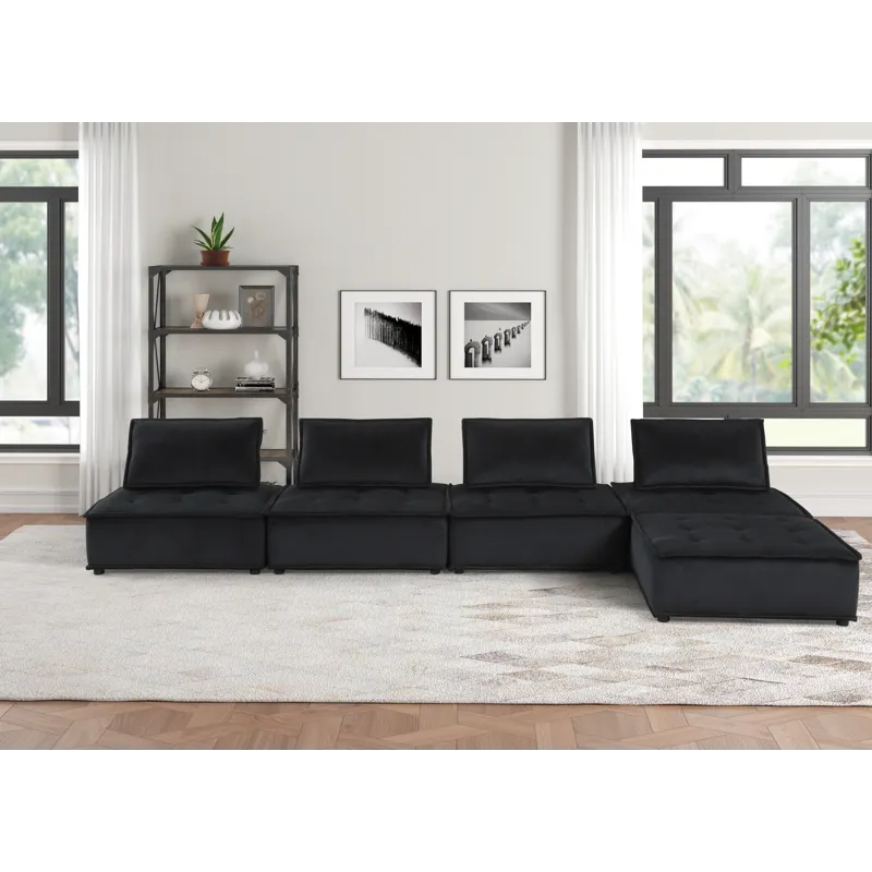Anna - Velvet 5 Piece Sectional Sofa Ottoman - Midnight