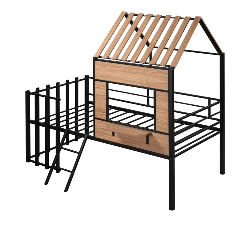 Twin Size Loft Bed With Roof, Window, Guardrail, Ladder Black
