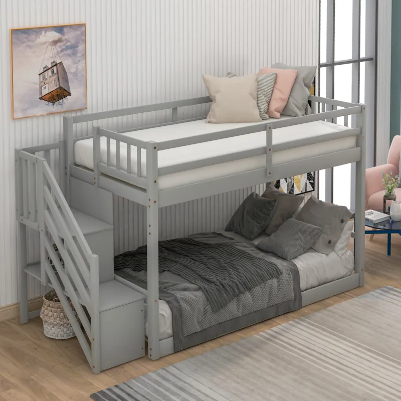 Twin Over Twin Floor Bunk Bed, Ladder With Storage - Gray