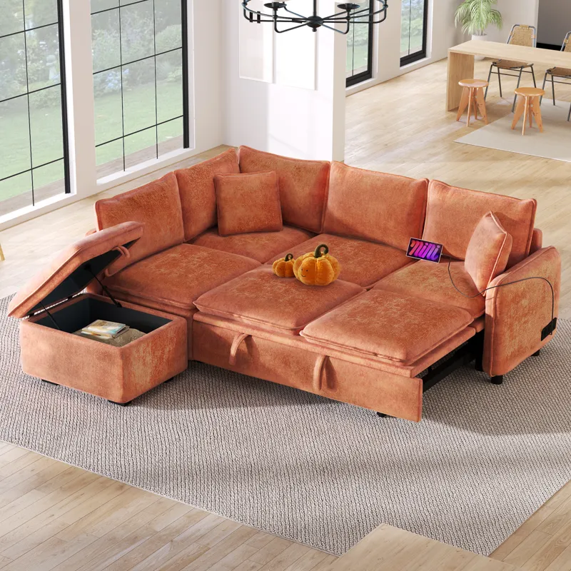 Convertible Sofa Bed Sectional Sofa Sleeper L-Shaped Sofa With A Storage Ottoman, Two Pillows, Two P