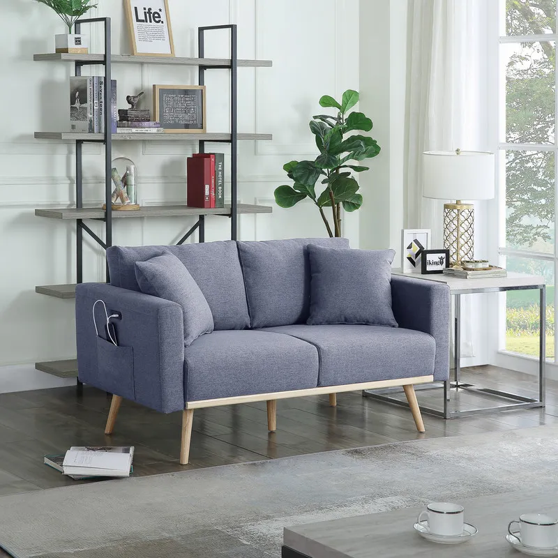 Easton - Linen Fabric Loveseat With USB Charging Ports Pockets And Pillows - Dark Gray