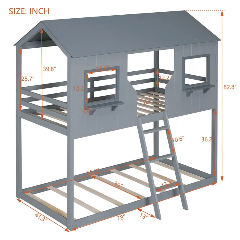 78\" Twin Over Twin Bunk Bed Wood Bed With Roof, Window, Guardrail, Ladder - Gray