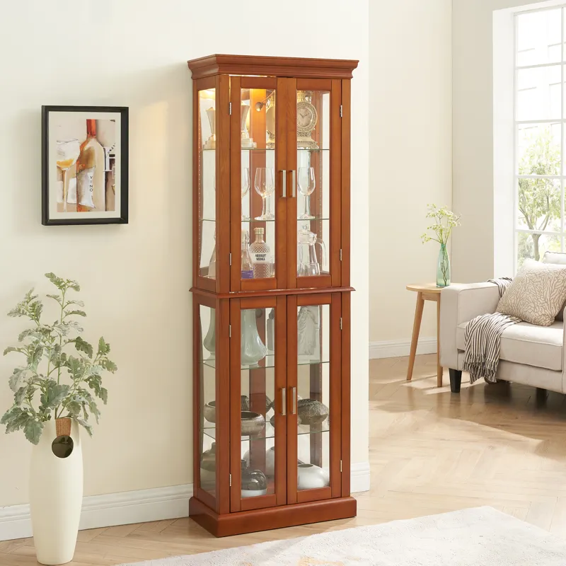 Curio Cabinet Lighted Curio Diapaly Cabinet With Adjustable Shelves And Mirrored Back Panel, Tempere