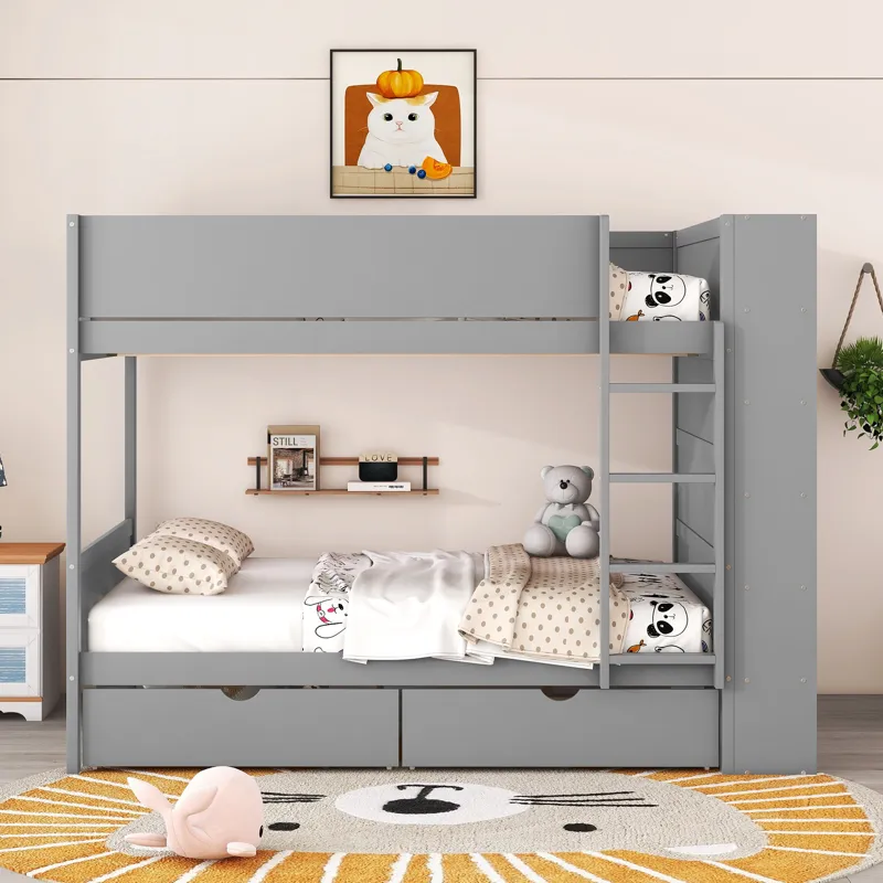 Full Over Full Bunk Bed With 2 Drawers And Multi - Layer Cabinet - Gray