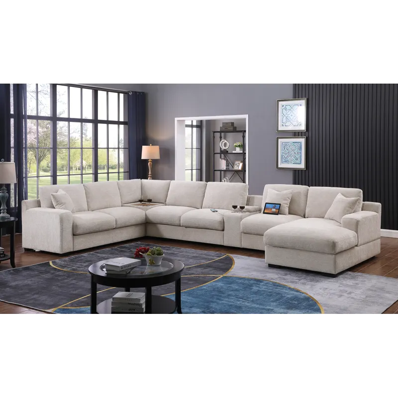 Celine - Chenille Fabric Corner Sectional Sofa With Right-Facing Chaise, Cupholders, And Charging Po