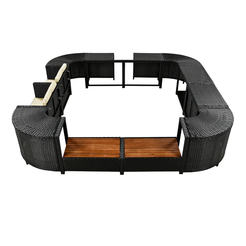 Spa Surround Spa Frame Quadrilateral Outdoor Rattan Sectional Sofa Set With Mini Sofa, Wooden Seats 